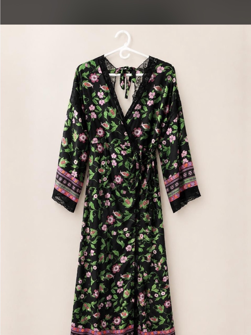 Nasty Gal Black Floral Wrap Robe with Pink & Green Accents